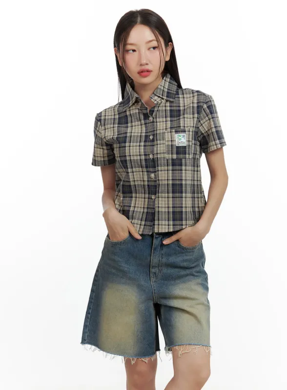 Checkered Crop Collar Shirt CU420 sold by Lewkin