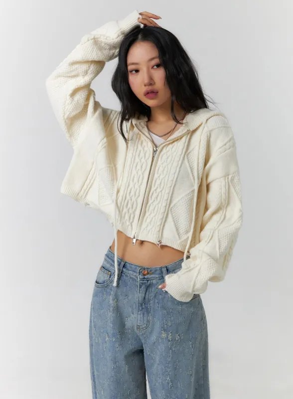 Cable Knit Zippered Hooded Crop Cardigan CF401 sold by Lewkin