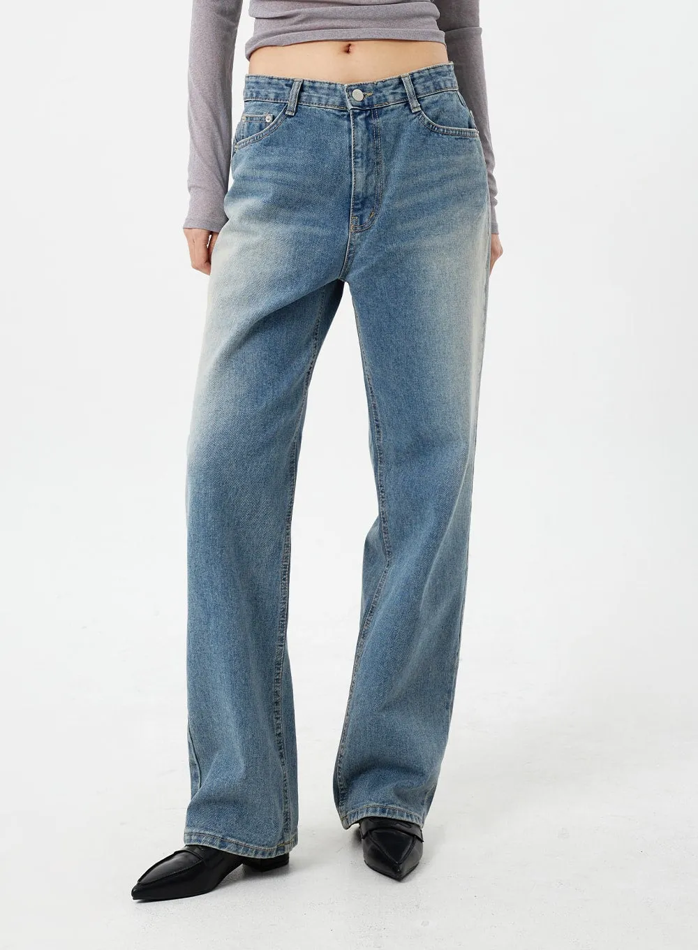 Mid-Wash Wide Leg Jeans CM308 sold by Lewkin