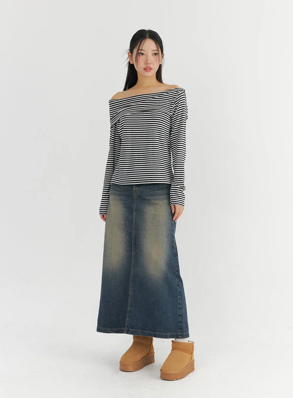 Off-Shoulder Stripe Long Sleeve Top CO324 sold by Lewkin product image thumbnail 2