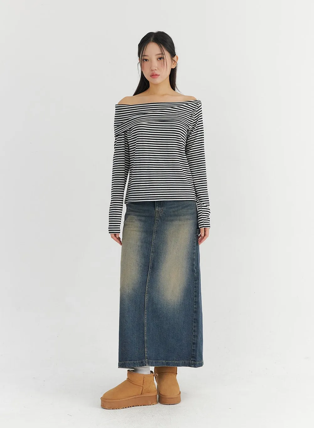 Off-Shoulder Stripe Long Sleeve Top CO324 sold by Lewkin product image thumbnail 3