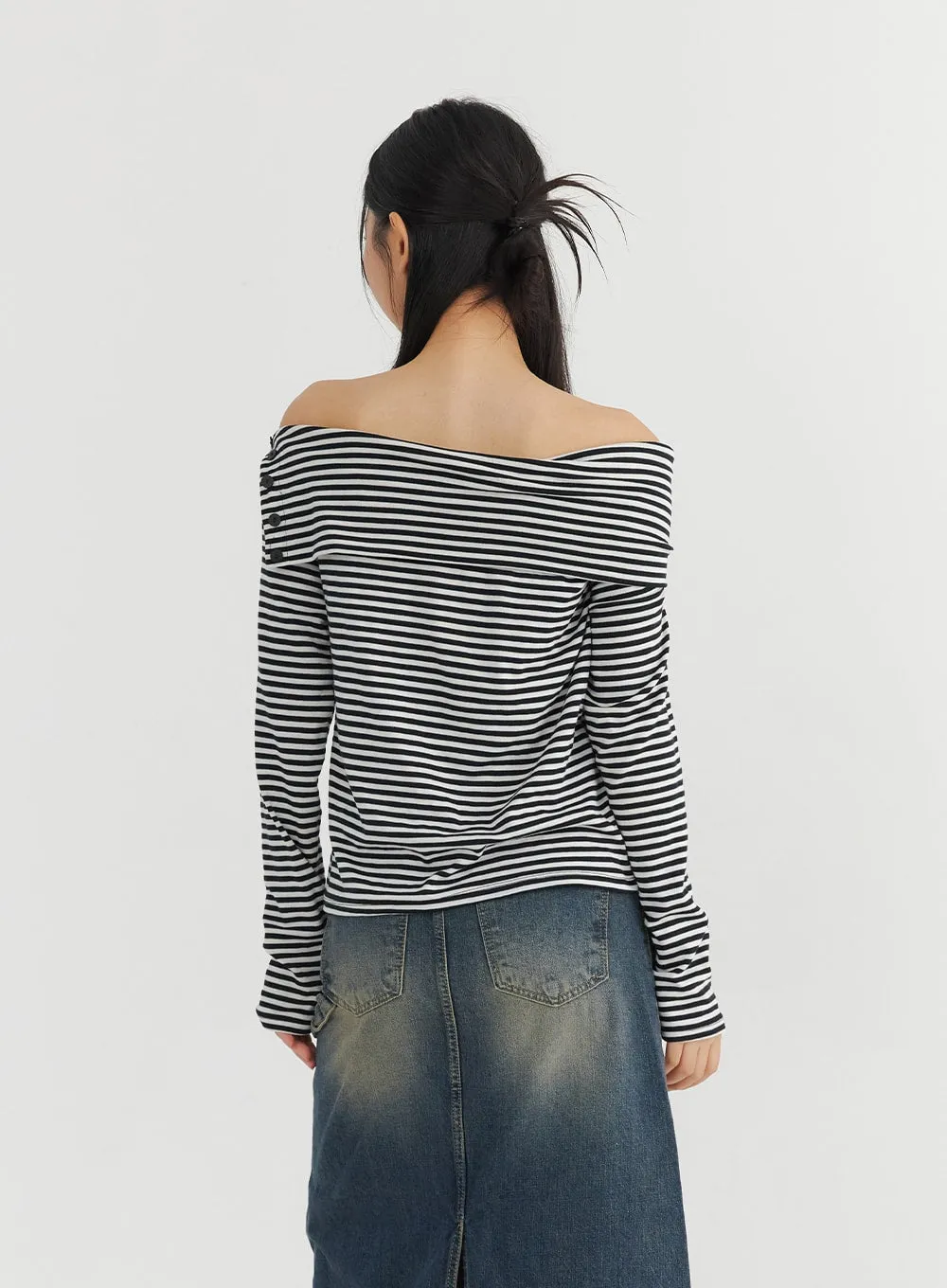 Off-Shoulder Stripe Long Sleeve Top CO324 sold by Lewkin product image thumbnail 5