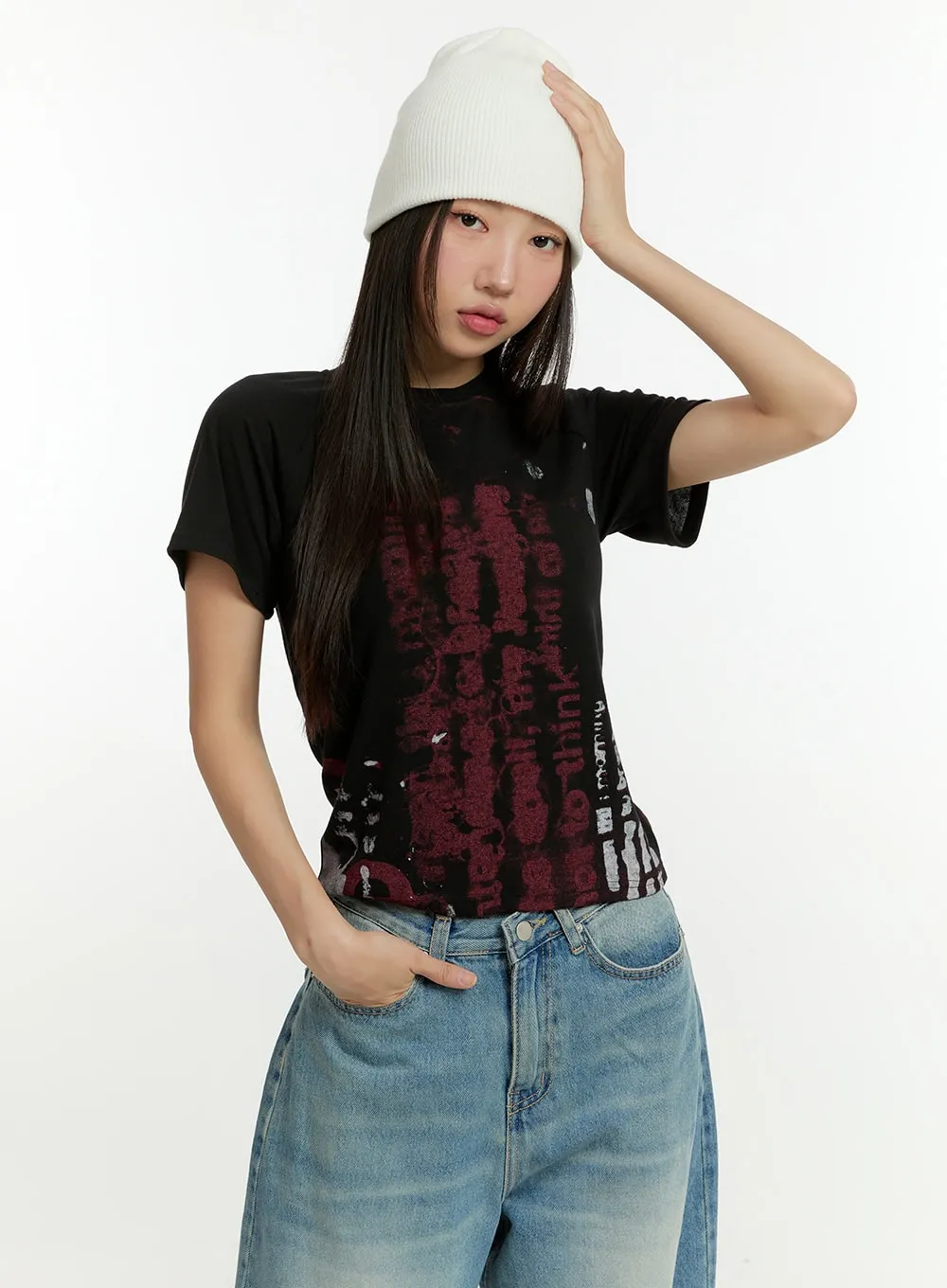 Graphic Lettering Crop Tee CU426 sold by Lewkin