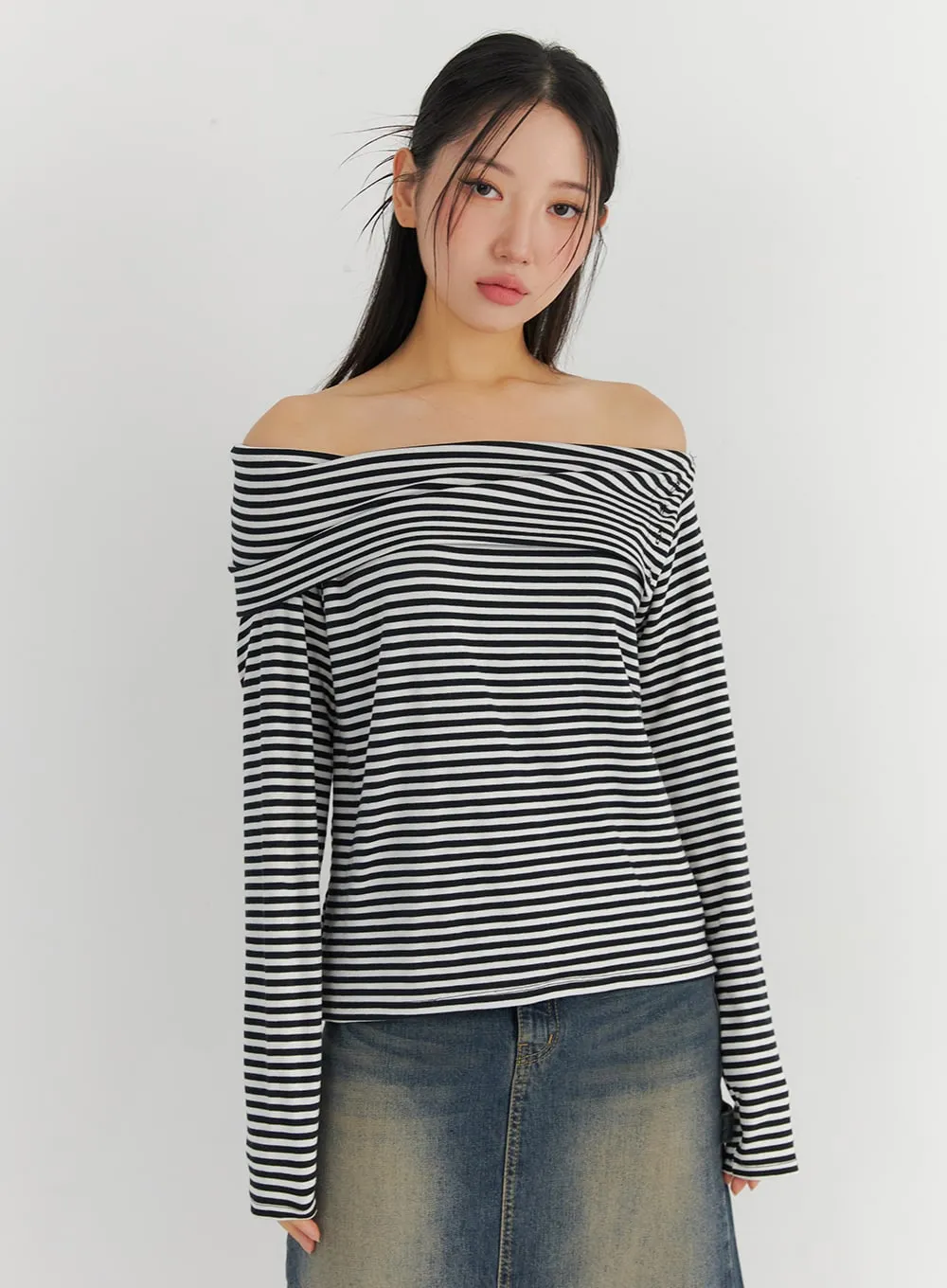 Off-Shoulder Stripe Long Sleeve Top CO324 sold by Lewkin