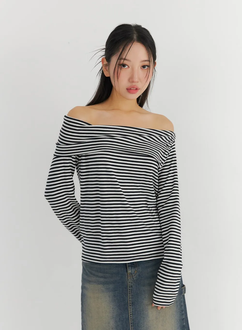 Off-Shoulder Stripe Long Sleeve Top CO324 sold by Lewkin product image thumbnail 4