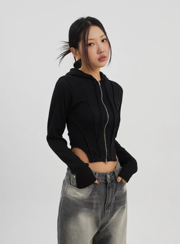 Ribbed Cropped Zip-Up Hoodie CJ330 sold by Lewkin