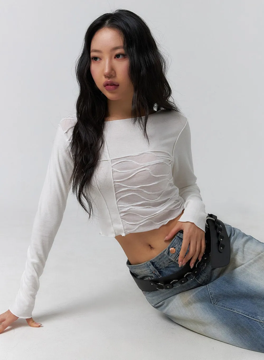 Mixed Texture Long Sleeve Top CF405 sold by Lewkin