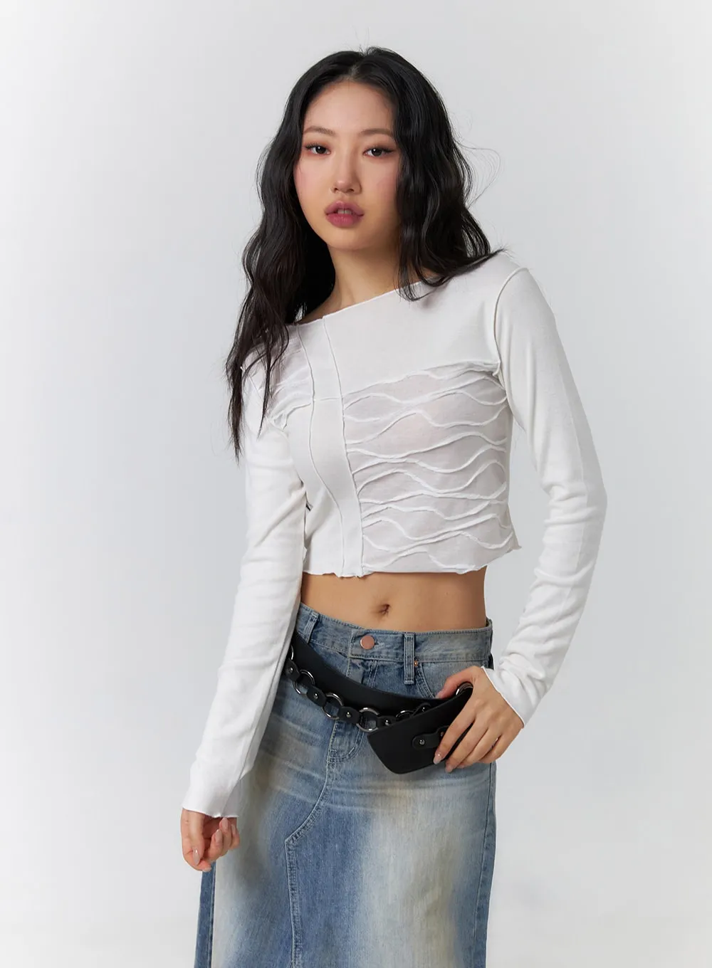 Mixed Texture Long Sleeve Top CF405 sold by Lewkin product image thumbnail 2