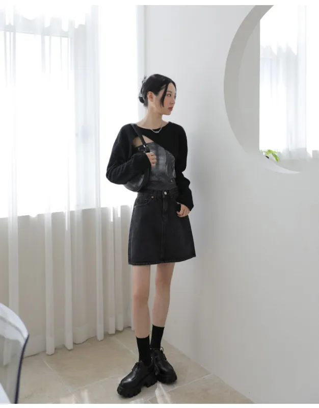 Black Denim Skirt F25 sold by Lewkin