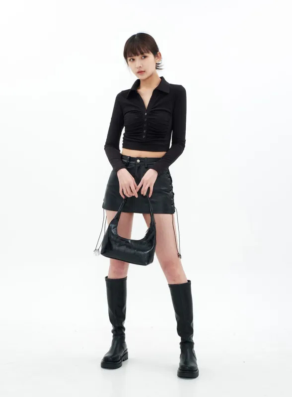 Open Collar Shirring Long-sleeve Top CA01 sold by Lewkin