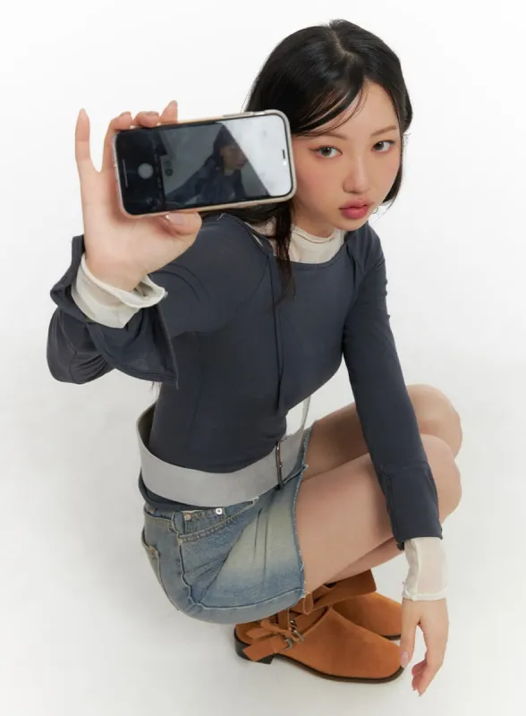 Strap Detail Long Sleeve Slit Top CM421 sold by Lewkin