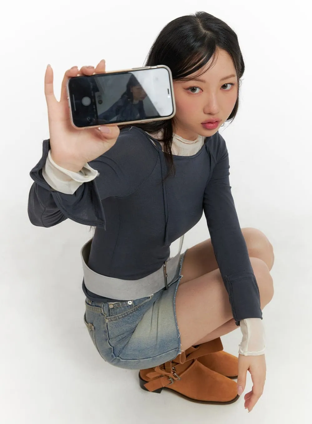 Strap Detail Long Sleeve Slit Top CM421 sold by Lewkin