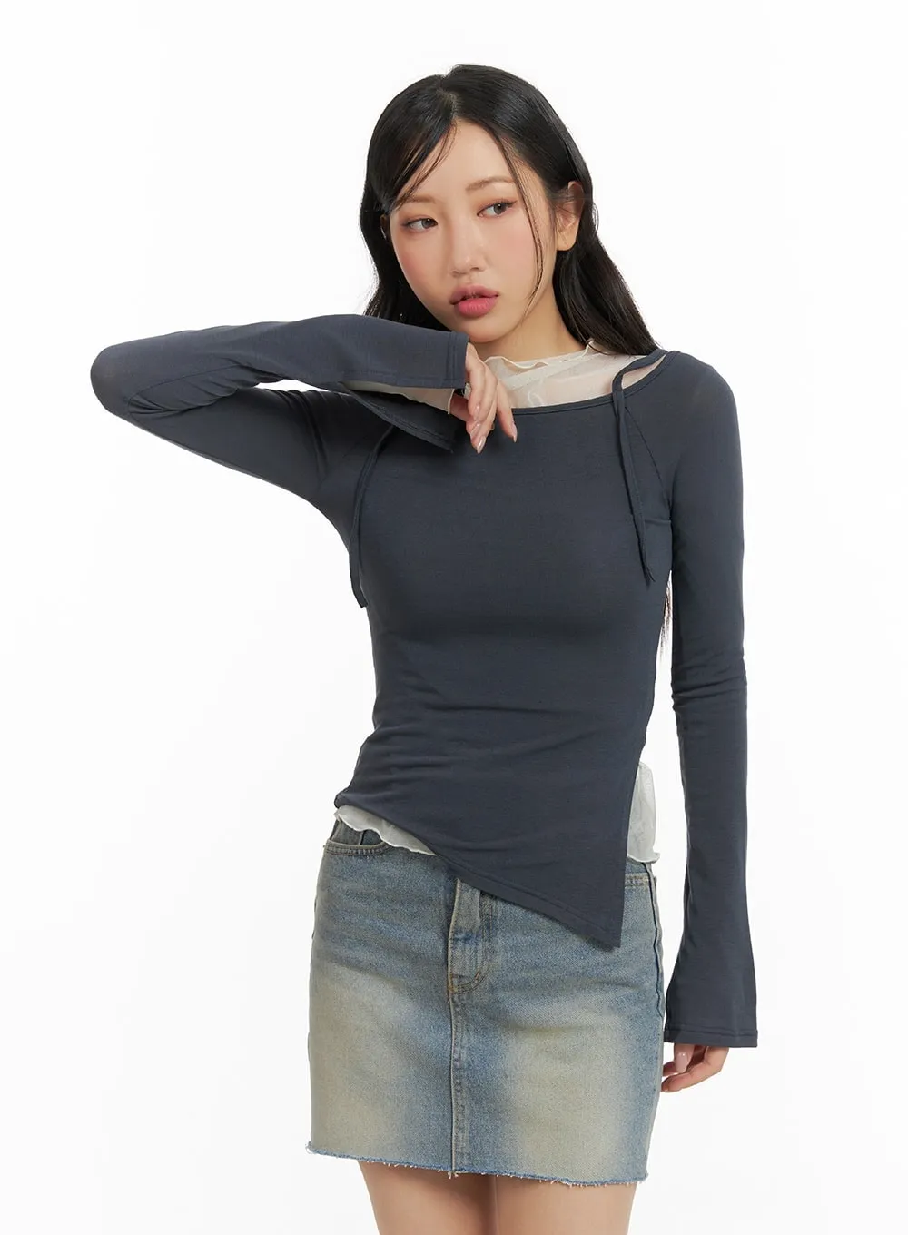 Strap Detail Long Sleeve Slit Top CM421 sold by Lewkin product image thumbnail 2