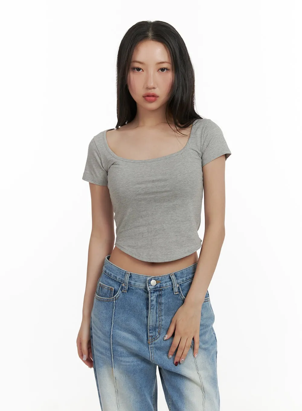Slim Fit Scoop Neck Crop Tee CY403 sold by Lewkin