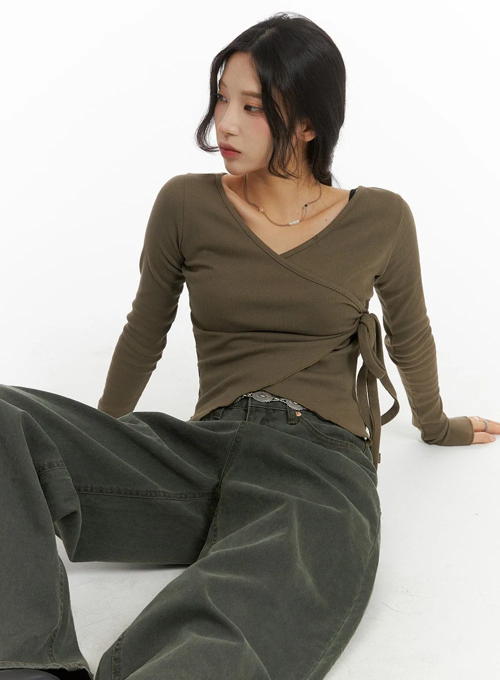 Wrap Tie V-Neck Crop Tee CJ416 sold by Lewkin