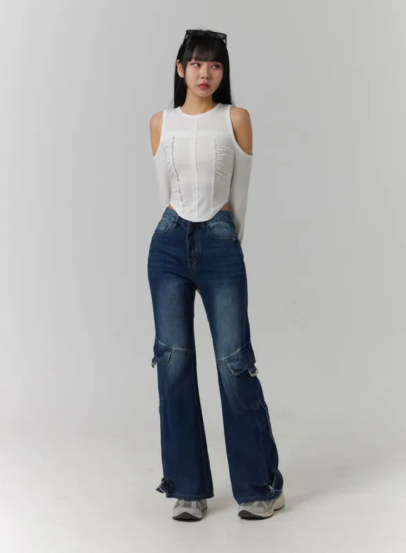 Straight Fit Pockets Washed Jeans CJ418 sold by Lewkin