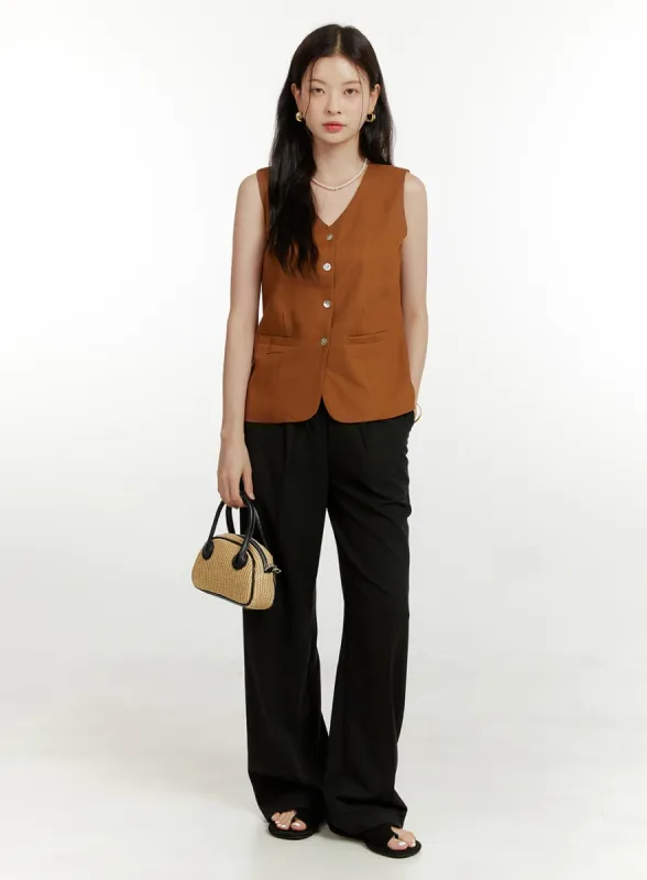 Solid Wide Fit Pintuck Tailored Pants OU419 sold by Lewkin