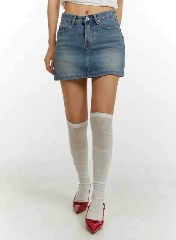 Washed Blue Denim Mini Skirt CY409 sold by Lewkin