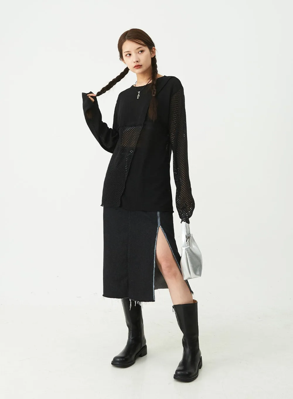 Stitch Detail Slit Denim Midi Skirt CU5 sold by Lewkin