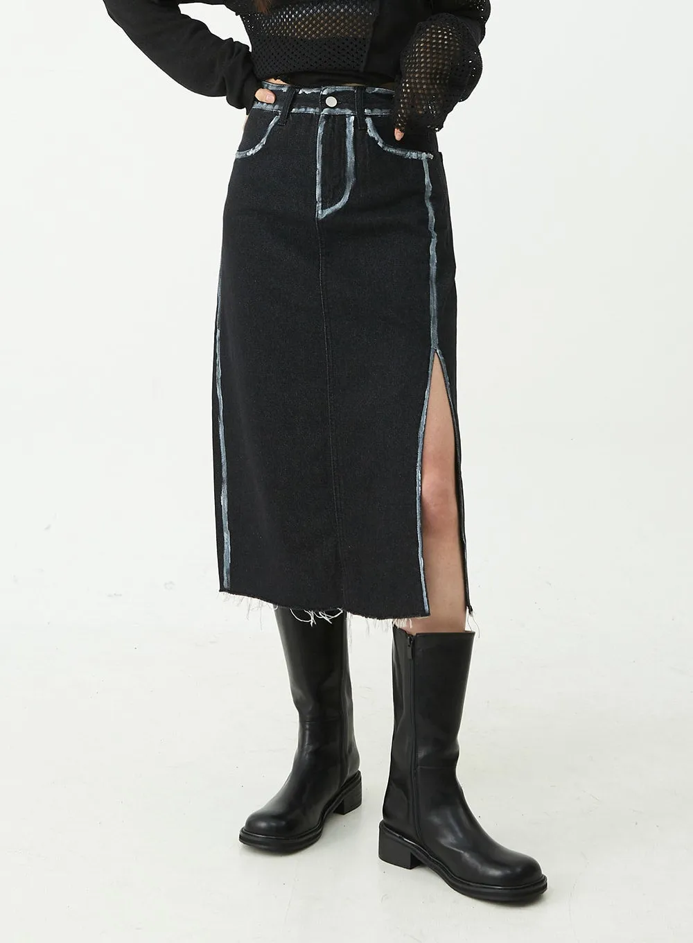 Stitch Detail Slit Denim Midi Skirt CU5 sold by Lewkin product image thumbnail 2