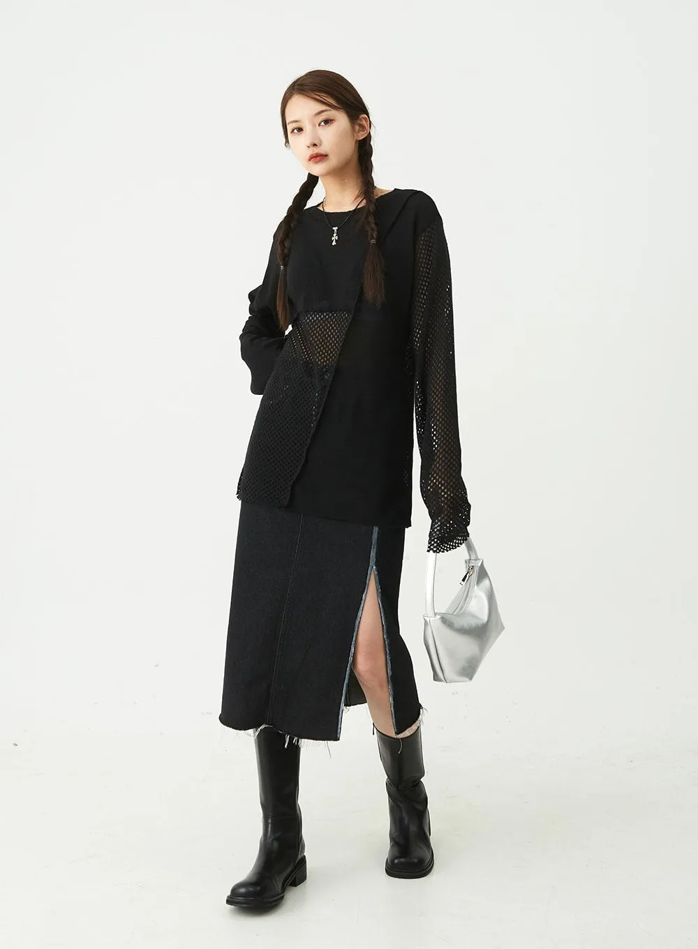 Stitch Detail Slit Denim Midi Skirt CU5 sold by Lewkin product image thumbnail 4