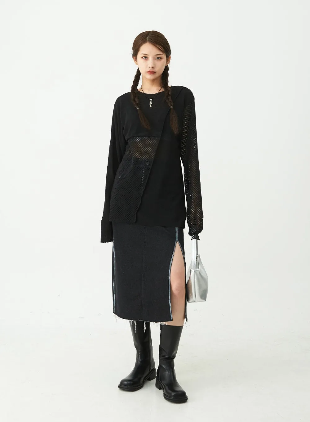 Stitch Detail Slit Denim Midi Skirt CU5 sold by Lewkin product image thumbnail 3