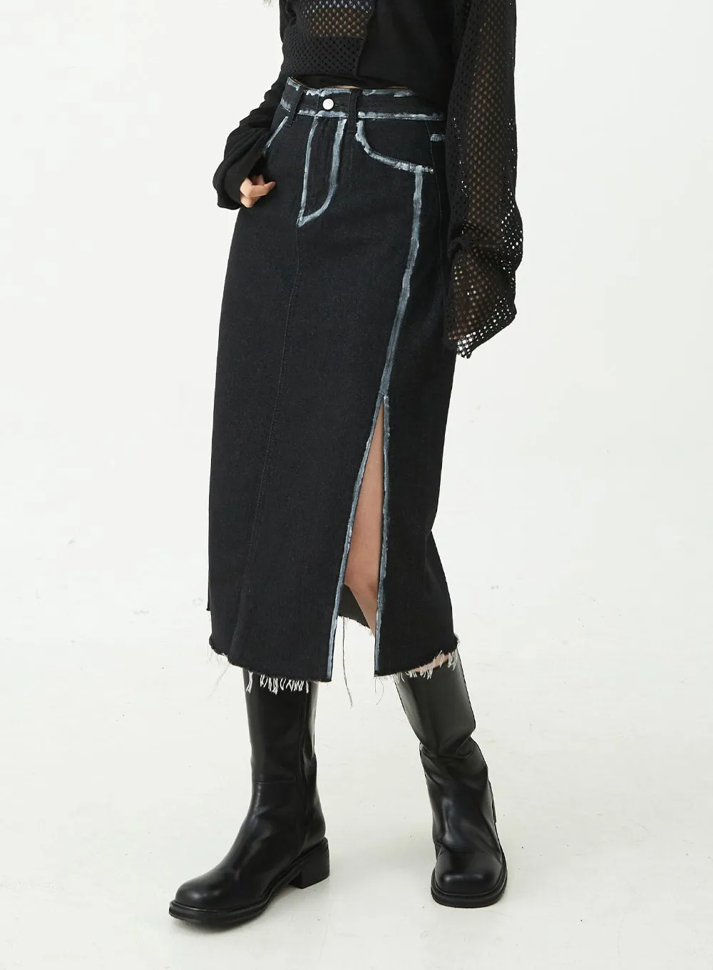 Stitch Detail Slit Denim Midi Skirt CU5 sold by Lewkin product image thumbnail 5