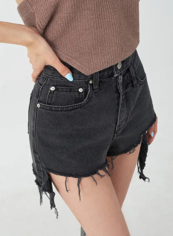 Double Buttoned Distressed Black Shorts IJ23 sold by Lewkin