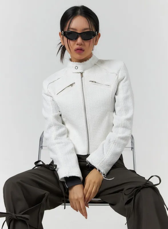 High Neck Tweed Zipper Biker Jacket CF401 sold by Lewkin