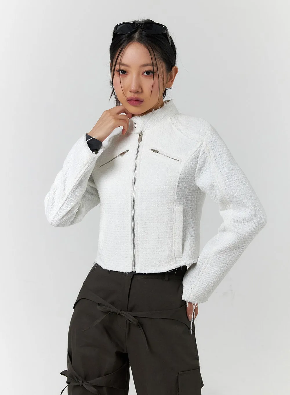 High Neck Tweed Zipper Biker Jacket CF401 sold by Lewkin product image thumbnail 2