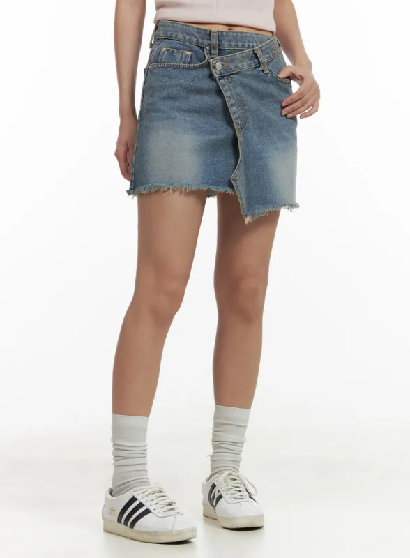 Unbalanced Washed Denim Mini Skirt CU405 sold by Lewkin