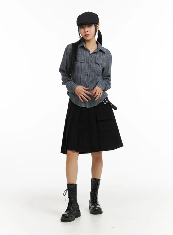 Mid Waist Solid Pleated Belted Midi Skirt CJ411 sold by Lewkin