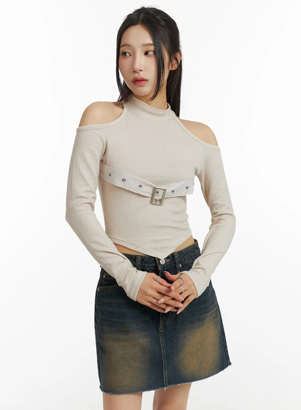 Cut-Out Turtle Neck Belt Crop Top CJ416 sold by Lewkin
