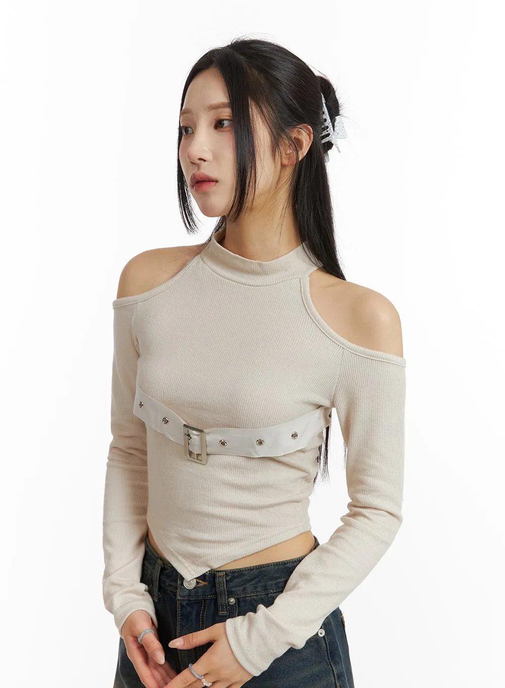 Cut-Out Turtle Neck Belt Crop Top CJ416 sold by Lewkin product image thumbnail 5