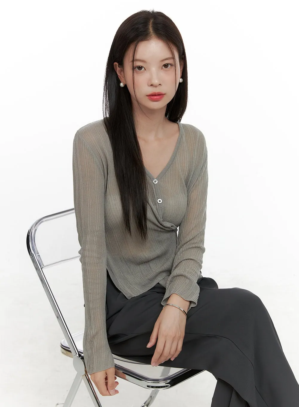 Wrap Buttoned V-Neck Sheer Cardigan OL411 sold by Lewkin