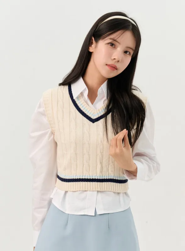 Cable V-Neck Crop Vest OO327 sold by Lewkin