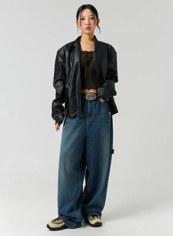 Washed Cotton Wide Leg Jeans CO323 sold by Lewkin