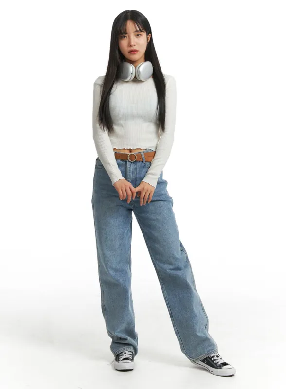 Washed Straight Wide Denim OJ405 sold by Lewkin