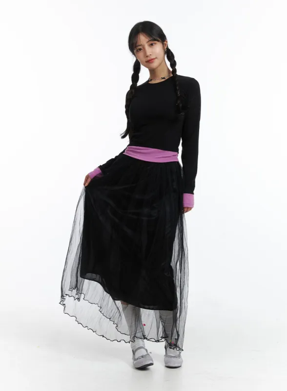 Mesh Layered A-Line Maxi Skirt OJ431 sold by Lewkin