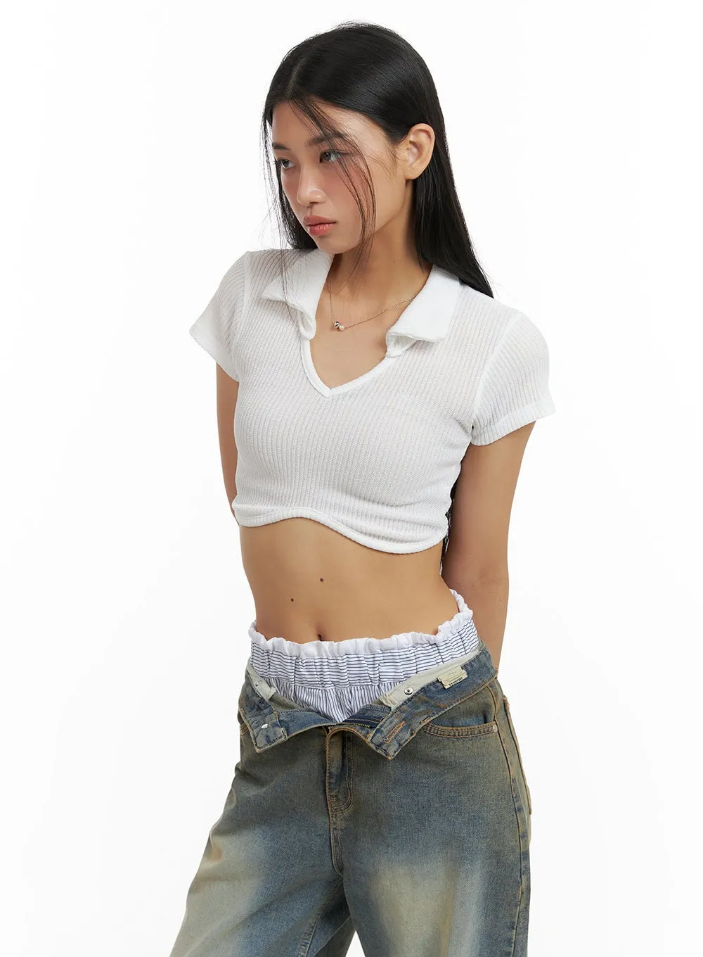 Solid V-Neck Collar Cropped Tee CA424 sold by Lewkin