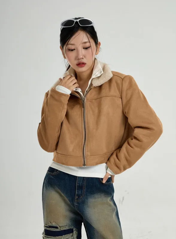 Retro Fur Collar Crop Zipper Jacket CO27 sold by Lewkin
