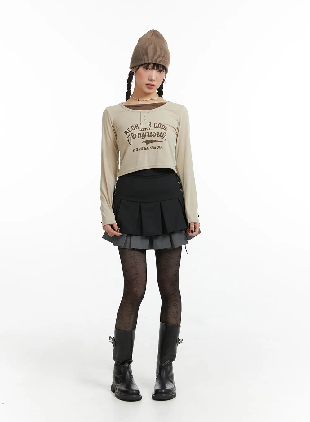 Fake Two-Piece Graphic Lettering Crop Long Sleeve Top IJ411 sold by Lewkin product image thumbnail 5