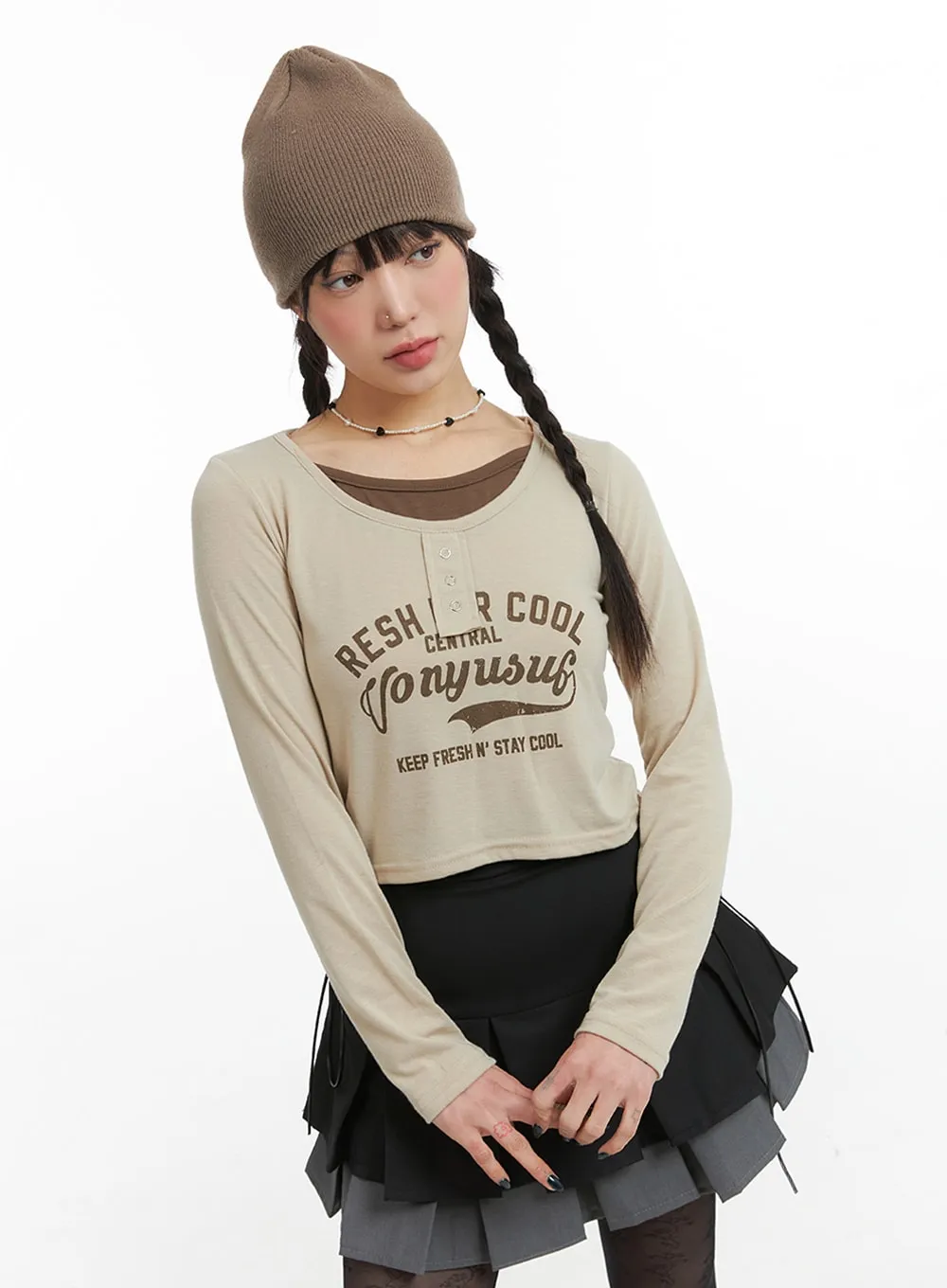 Fake Two-Piece Graphic Lettering Crop Long Sleeve Top IJ411 sold by Lewkin product image thumbnail 4