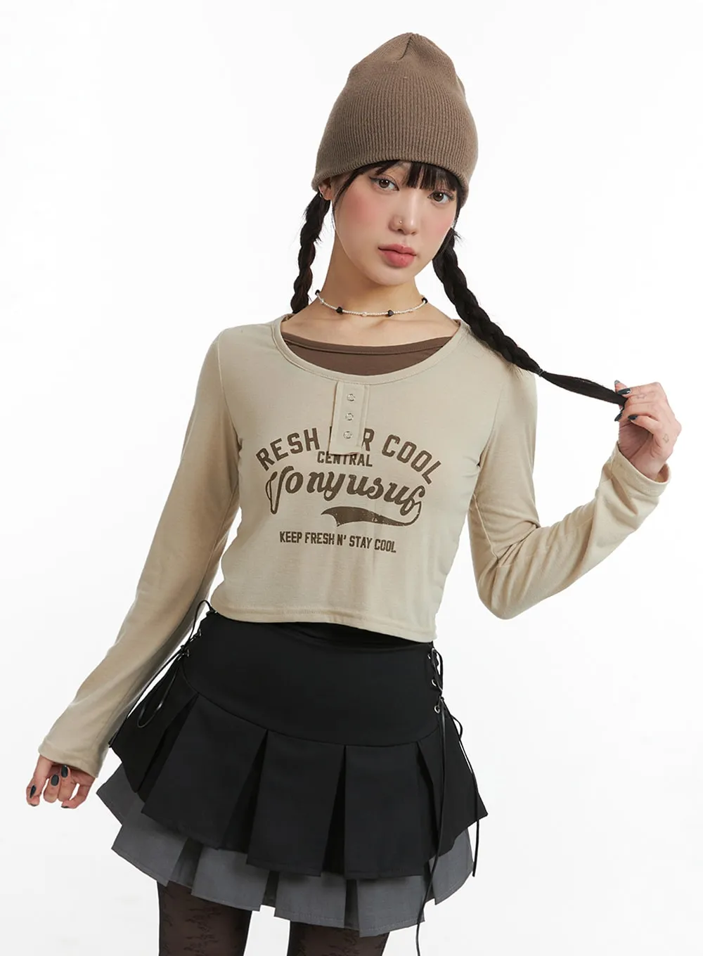 Fake Two-Piece Graphic Lettering Crop Long Sleeve Top IJ411 sold by Lewkin product image thumbnail 3