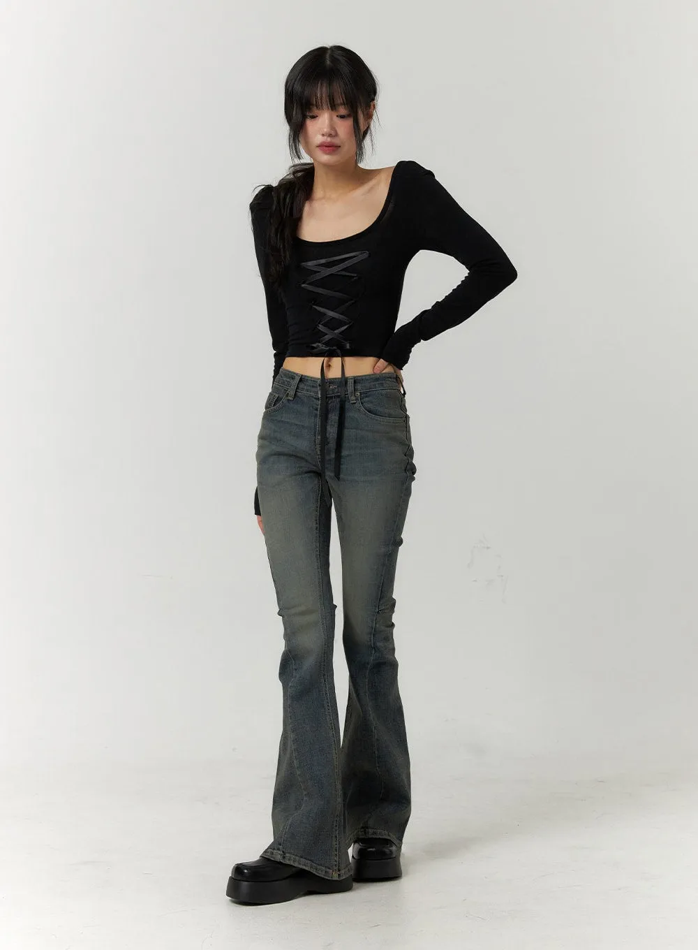 High Waist Slim Washed Bootcut Jeans CF407 sold by Lewkin product image thumbnail 2