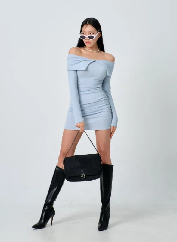 Off-Shoulder Ruched Side Mini Dress IJ327 sold by Lewkin