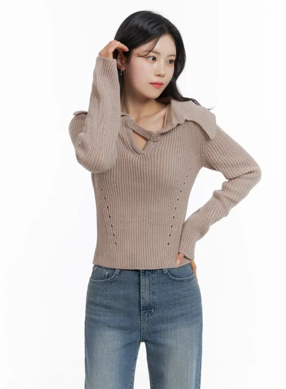 Wool Blend Unbalanced Neck Knit Collar Sweater OM420 sold by Lewkin