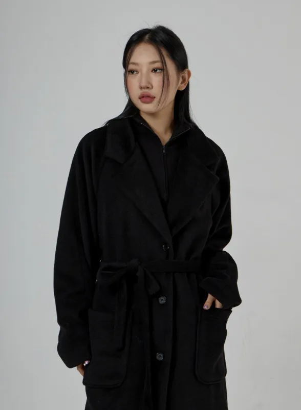 Button Waist Tie Oversized Coat CD28 made by Lewkin