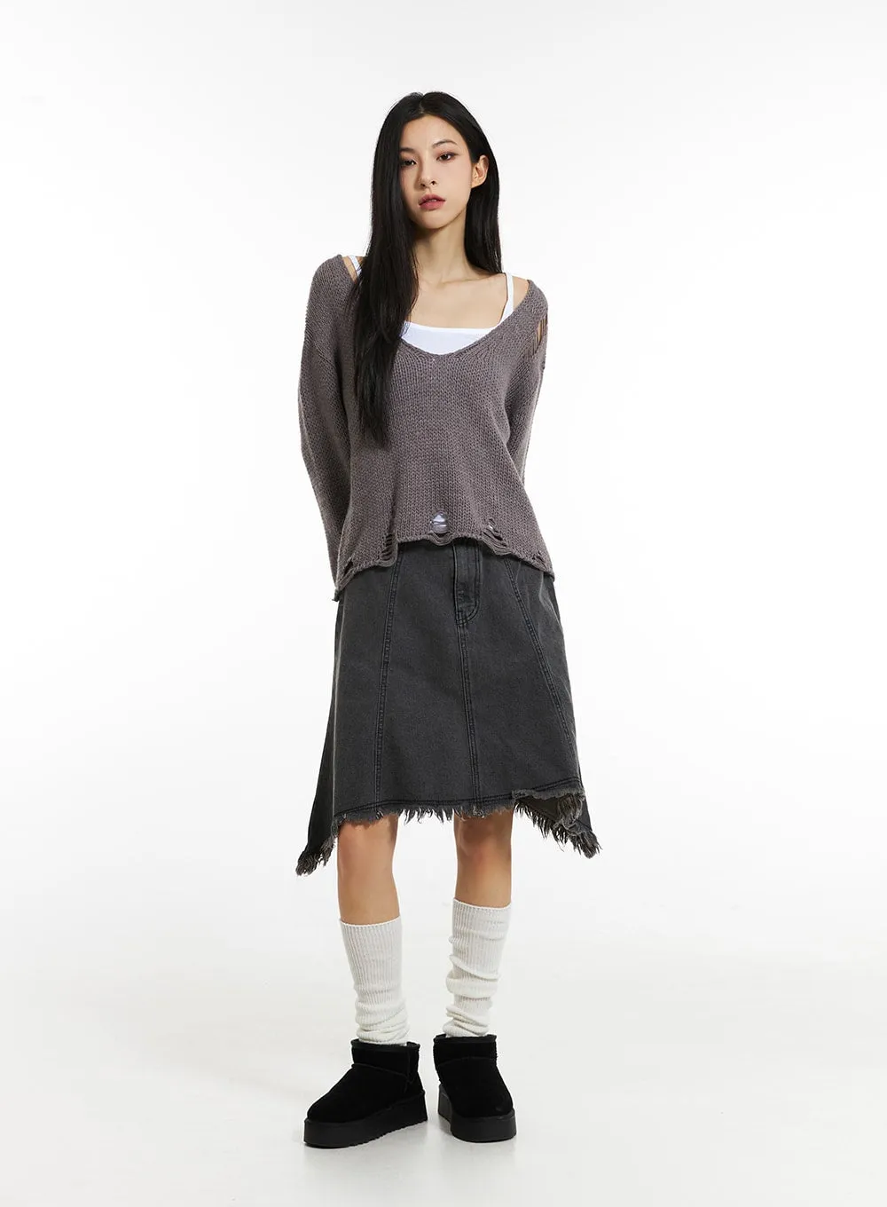 Destroyed Washed Denim Midi Skirt IN308 sold by Lewkin product image thumbnail 4