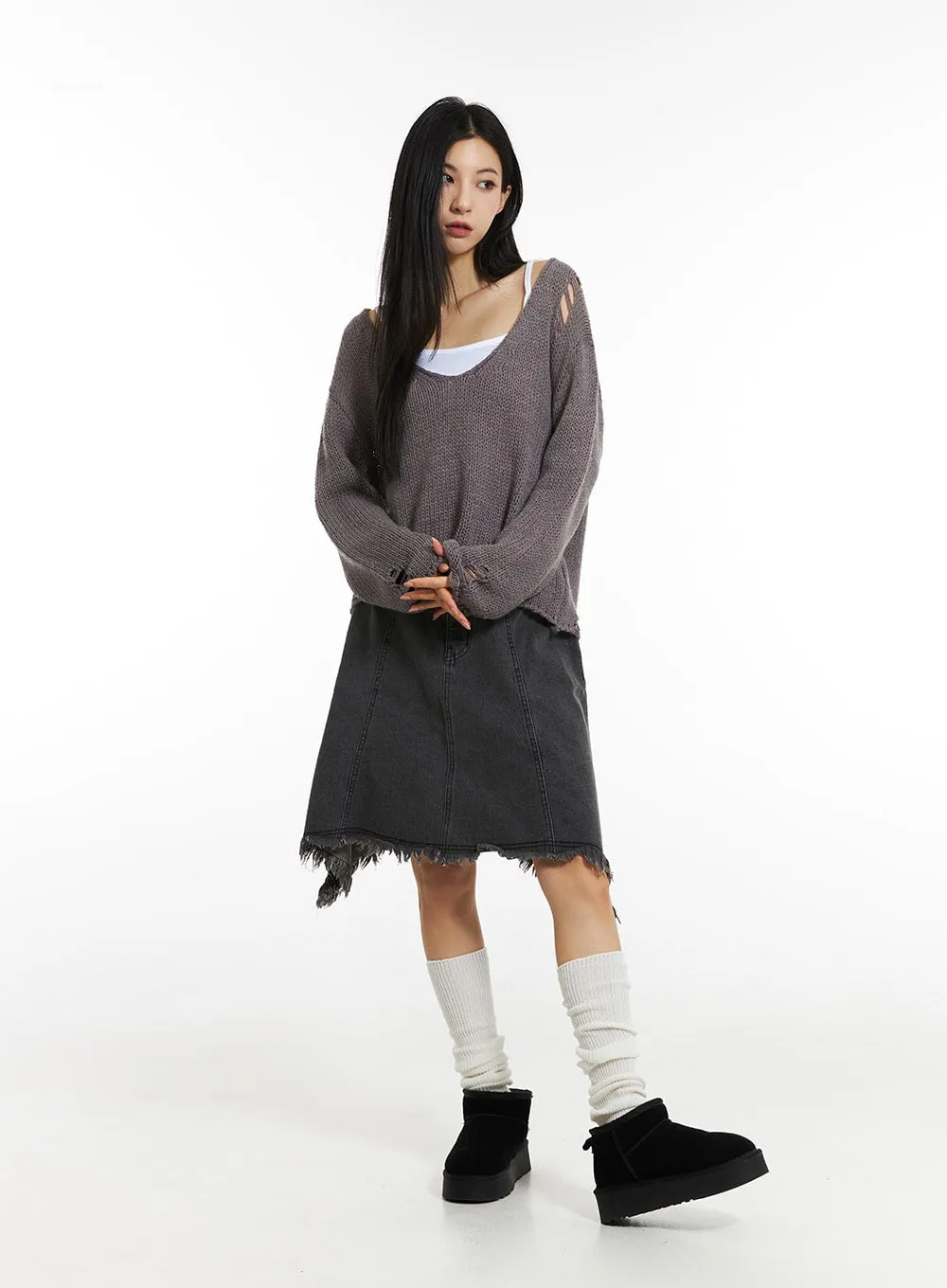 Destroyed Washed Denim Midi Skirt IN308 sold by Lewkin